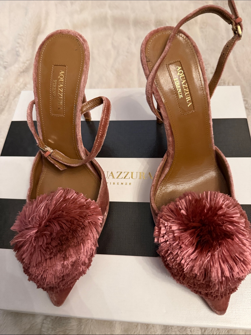 Aquazzura Rose Velvet Pom-Pom Slingback Heels
